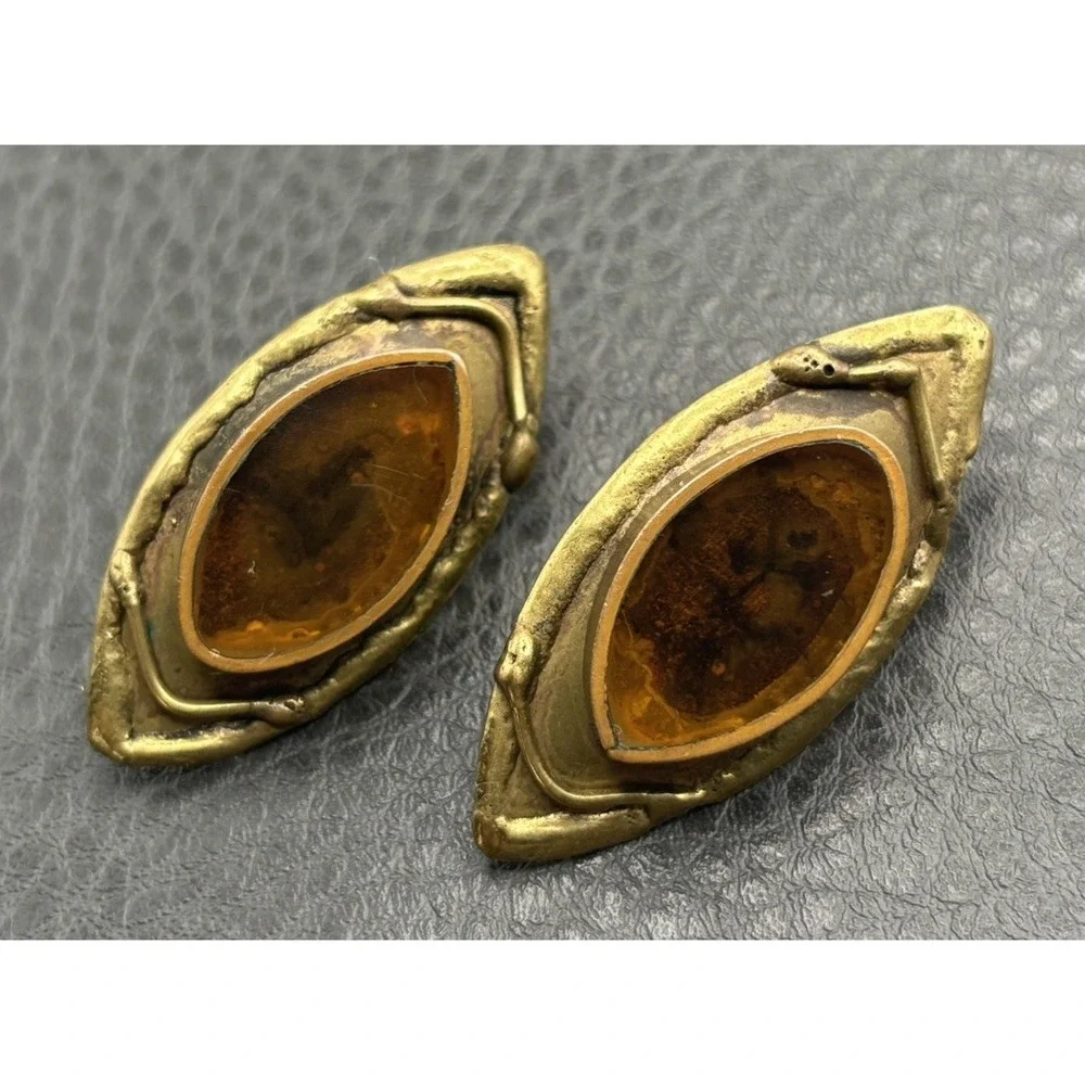 Vintage 80s Brutalist Mixed Metal Faux Amber Earrings Copper Brass Modernist
